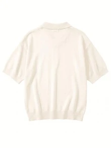 女士纯色简约针织Polo领毛衣上衣，百搭优雅休闲通勤度假短袖夏季款 - 米色 - 查看 6