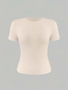 de manga corta y cuello redondo, blanca y sólida, ajustada y deportiva, para mujer, verano, modelo 2025 - Avena - Ver 4