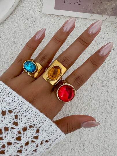 Bộ 3 chiếc nhẫn thời trang cổ điển sang trọng hình vuông/tròn đính đá quý, thiết kế độc đáo, dày dặn, bộ trang sức quyến rũ dành cho nữ.