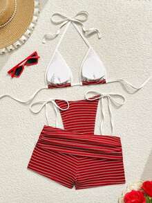 Swim Vcay Nuevo conjunto de traje de baño de mujer de 3 piezas con estilo de rayas de punto texturizado de alta corte con lazos laterales, copa triangular y control de abdomen, con estampado retro de monedas y decoración de estrella de mar de metal en estilo de playa y océano - Multicolor 8 - Ver 3