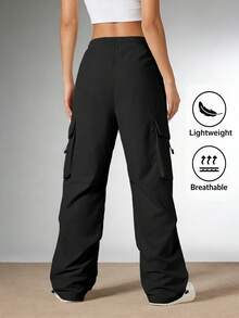 Elegant Seal Women Lightweight Breathable Cargo Pants Elastic Drawstring Waist & Ankle Cuffs Multi Pocket Loose Straight Leg Casual Streetwear Daily Trousers - Black - View 3