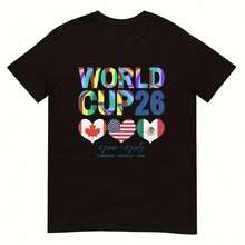 Camiseta de fútbol de clasificación 2026 - EE. UU., Canadá, México Unisex 180g Heavyweight Blend de manga redonda de manga corta con diseño oficial de bandera y corazón del equipo - Ropa deportiva casual masculina y femenina (lavable a máquina) - Negro - Ver 1