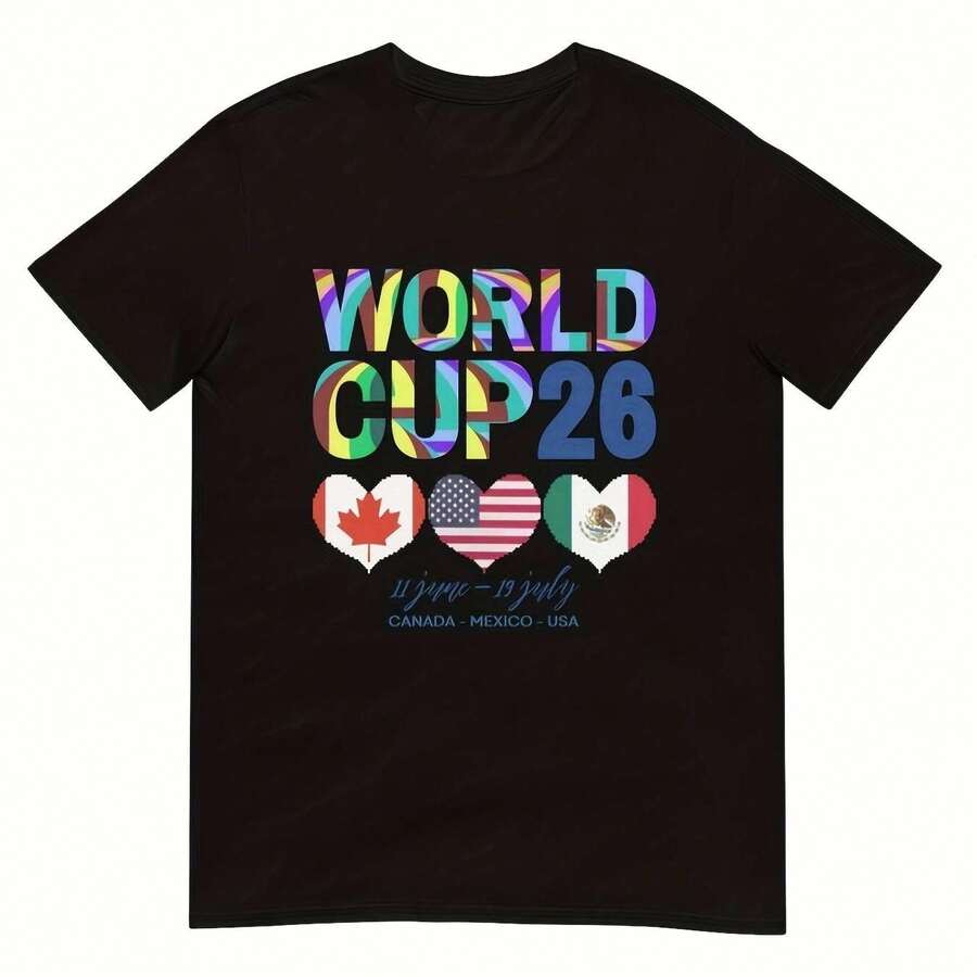 Camiseta de fútbol de clasificación 2026 - EE. UU., Canadá, México Unisex 180g Heavyweight Blend de manga redonda de manga corta con diseño oficial de bandera y corazón del equipo - Ropa deportiva casual masculina y femenina (lavable a máquina) - Negro - Ver 1