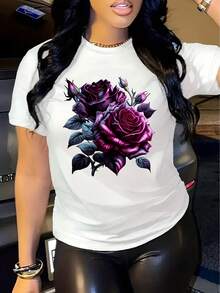 Women's Short-Sleeved Cotton T-Shirt, Beautiful Roses, Lovely Flowers At Night, Printed Round Neck Short-Sleeved T-Shirt, Casual And Modern Fashion For Women. - 白色 - 查看 1