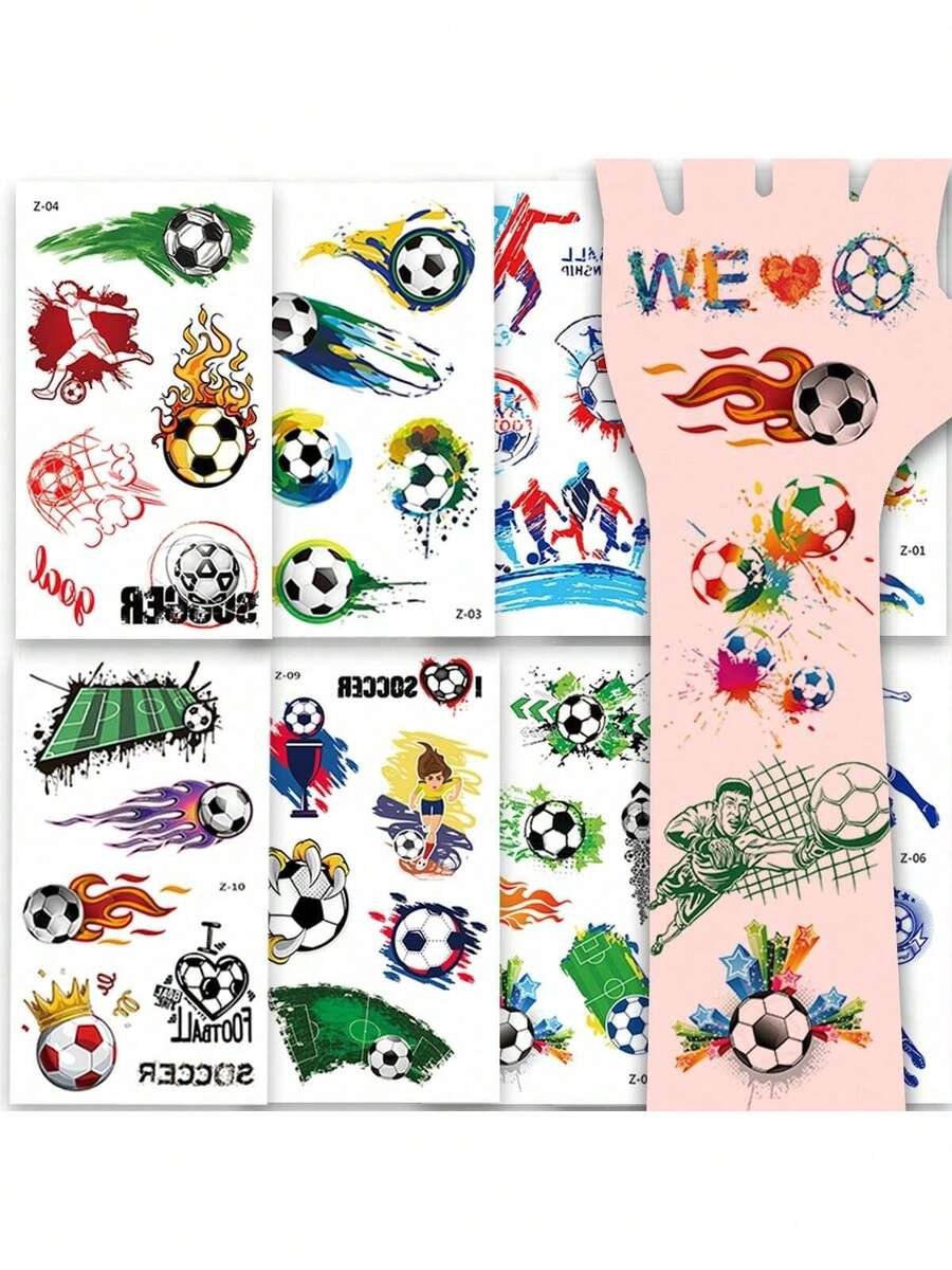 10 Peças Adesivos Temporários de Tatuagem de Comemoração de Torcedor de Futebol Cartoon, À Prova d'Água e à Prova de Suor, Aplicável para Rosto, Braço e Várias Ocasiões - Multicolorido - Visão 1