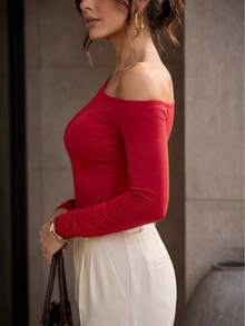 Elegant Casual Blouse, Knit Fabric, Asymmetrical Cutout, Winter - Red - View 5