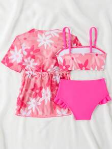 Conjunto de 3 piezas de tankini con estampado floral para niña: parte superior de traje de baño, Bottom y cubridor - Rosa Fucsia - Ver 2