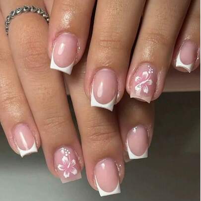 Bộ 24 móng giả vuông ngắn tối giản, màu hồng nude và trắng họa tiết hoa, bao gồm 1 lọ sơn gel và 1 dũa móng, thích hợp cho sử dụng hàng ngày, dự tiệc, tiệc trà chiều, khiêu vũ dành cho mọi quý cô/bé gái.