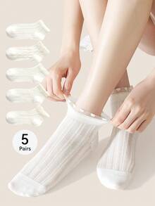 5雙女款網眼蕾絲飾邊純白色心形短襪，簡約舒適，適合春、秋、夏季 - 彩色 - 查看 3