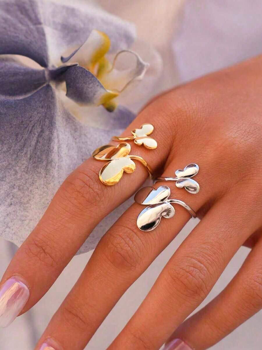 Bộ 2 nhẫn hình bướm hai tông màu mạ vàng 18K, nhẫn thép không gỉ dành cho nữ, trang sức phong cách tự nhiên, trang sức phương Tây, ít gây dị ứng, phù hợp với phong cách Y2K & Streetwear, đeo hàng ngày.