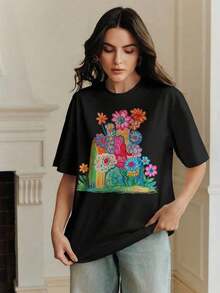 Camiseta Blanca de Cuello Redondo, Manga Corta, Casual, Adecuada para Vacaciones de Primavera a Verano, Ropa de Verano - Negro - Ver 6