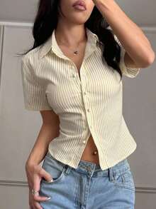 Blusa elegante de oficina de corte ajustado con rayas amarillas y blancas de manga corta, para uso universitario, camisa a rayas azules, camisas de verano para mujer - Albaricoque - Ver 1