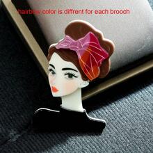 1pc Women's Fashion Elegant Acrylic Headscarf Girl Portrait Brooch, Creative Cute Gift Jacket Pin Accessory, Random Headscarf Color - Black - View 3
