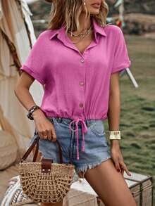 Camisa de verano para mujer, casual, suelta, de un solo botón y unicolor - Rosa Fucsia - Ver 5