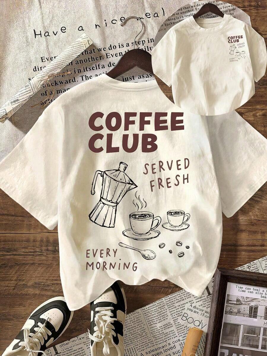 Women's Summer Coffee Club Beach Top, Women's Casual Blouses, Women's Short Sleeve Crew Neck Casual T-Shirt - 淺杏色 - 查看 1