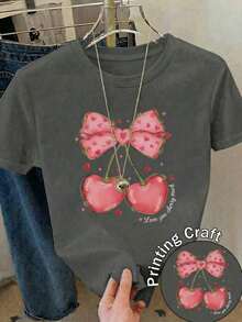 Camiseta Casual de de Cuello Redondo y Manga Corta con Estampado de Cerezas y Lazos, Tejido de Poliéster Ligeramente Elástico - Tela Ligera y Suave - Negro - Ver 9