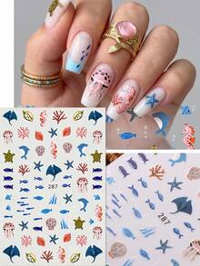 2pcs/Set Tropical Ocean Themed Colorful Seahorse & Turtle Nail Art Stickers - Summer Fruit & Coral Design Nail Decals - For Spring/Summer, Vacation, Pool Party, Music Festival DIY Nail Decoration - Multicolor - View 3