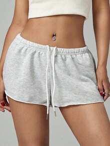 Pantalones cortos casuales sueltos de cintura elástica de unicolor para mujer - Gris - Ver 3