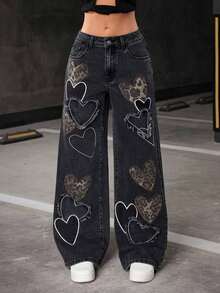 Jeans de talle bajo para mujer, nuevos pantalones casuales rectos y sueltos con bordado y estampado de corazón de moda de nicho, para todas las estaciones - Gris Oscuro - Ver 7