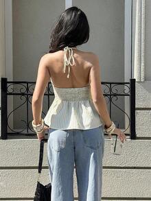 Camiseta de mujer con cuello halter sexy de cuello en V profundo y amarres delanteros a rayas - Beis - Ver 2