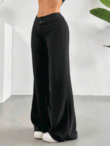 Pantalones de cintura alta sólidos con pierna recta y acampanada - Negro - Ver 6