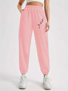 (1 Pants) Women'S Fashion Trousers, Women'S Autumn And Winter Fleece Sweatpants, Printed Design Sweatpants - 杏色 - 查看 9