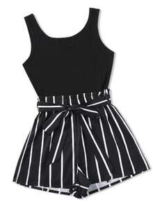Camiseta sin mangas corta acanalada para mujer y pantalones cortos con cinturón y estampado a rayas, conjunto de pantalones cortos y sin mangas y cuello redondo cómodos ajustados - Negro - Ver 1
