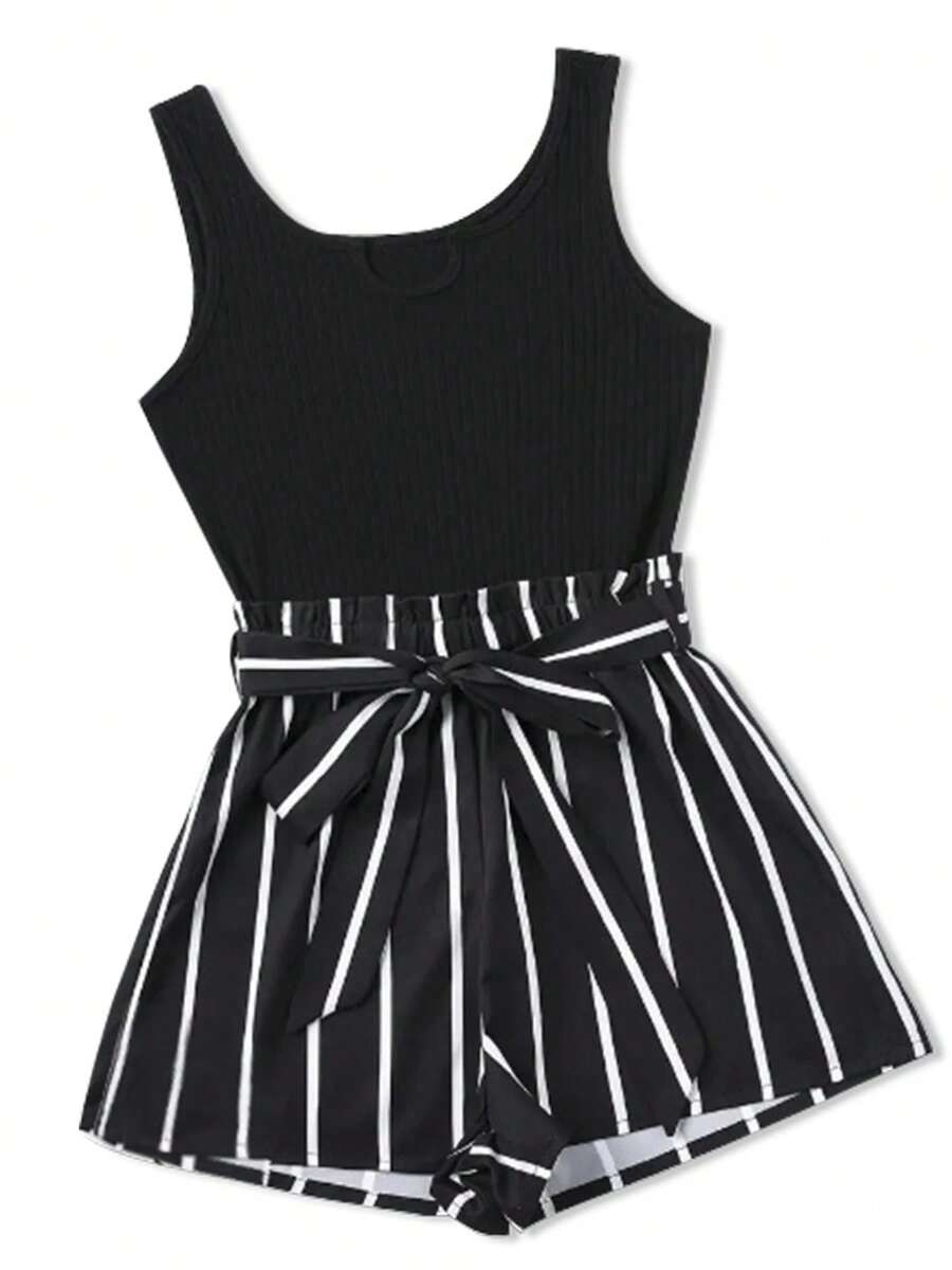 Camiseta sin mangas corta acanalada para mujer y pantalones cortos con cinturón y estampado a rayas, conjunto de pantalones cortos y sin mangas y cuello redondo cómodos ajustados - Negro - Ver 1