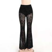 Pantalones de mujer de cintura alta, estilo gótico oscuro vintage, con flocado, sexys, acampanados, de malla transparente, estilo grunge, punk, ajustados, ropa alternativa. - Negro - Ver 2