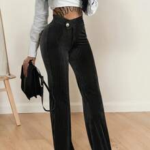 Pantalones de pierna ancha rectos de pana para mujer, ropa de calle, moda versátil, ajustado, a rayas, con cremallera, cintura baja en V - Negro - Ver 4