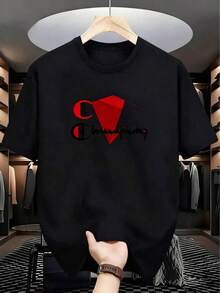 Unisex Champion Black T-Shirt For Men, 1 Unit, 100% Pure Cotton, Sporty Style, 220 Gram Digital Print T-Shirt, Champion Logo, Men's Crew Neck Short Sleeve Casual Shirt. "Note: Please Wear Skin-Colored Undergarments." - 1 - 查看 1