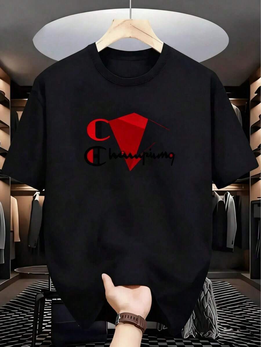 Unisex Champion Black T-Shirt For Men, 1 Unit, 100% Pure Cotton, Sporty Style, 220 Gram Digital Print T-Shirt, Champion Logo, Men's Crew Neck Short Sleeve Casual Shirt. "Note: Please Wear Skin-Colored Undergarments." - 1 - 查看 1