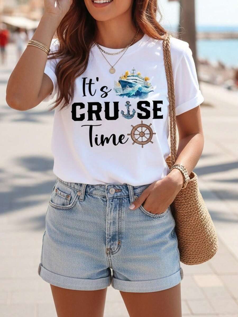 Playera de Mujer con Estampado de Crucero y Timón "It's Cruise Time" Estilo Vacacional Manga Corta Corte Regular Suave - Blanco - Ver 1