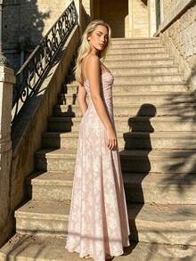 Sexy See-Through Fishbone Strap Ditsy Floral Bodycon Dress, Elegant & Fashionable For Women, Suitable For Graduation, Beach Vacation - Pink - View 9