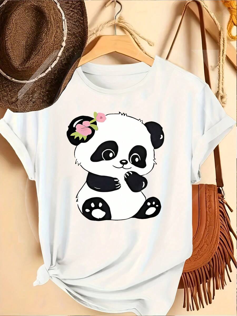 Women's One-Piece T-Shirt With Panda Print, Modern, Casual, Loose Fit, Fashionable Activewear For Everyday Wear, Machine Washable, Round Neck, Short Sleeve - 白色 - 查看 1