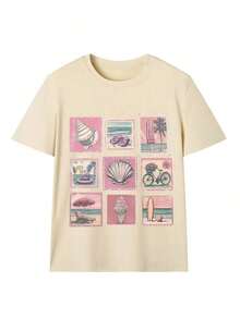 Camiseta de verano para mujer de corte holgado con estampado y cuello redondo informal. Perfecto para uso al aire libre, desplazamientos diarios, citas informales y estilo urbano. - Beis - Ver 3