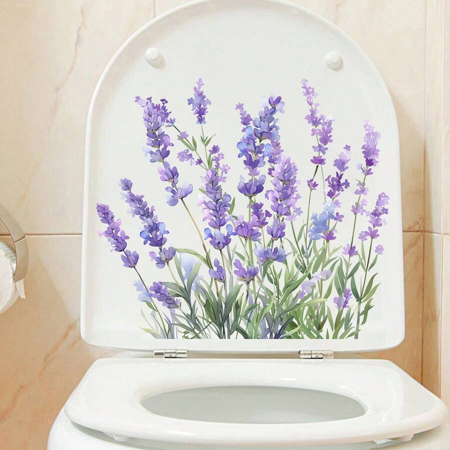 1pc Watercolor Lavender Toilet Sticker, Fresh Purple Flower Green Leaf Bathroom Decor - Multicolor - View 1
