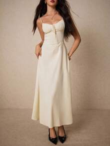 Women's Dress With Spaghetti Straps, Pleated Bust, And Solid Color - Apricot - View 6