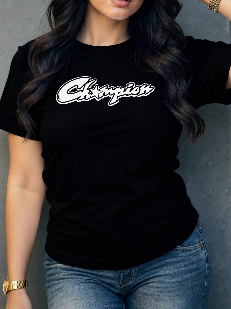 Palabra grande con estrella que representa fuerza y superación personal inspirando confianza y determinación camiseta para mujer de corte moderno cómoda para uso diario y expresión positiva - Negro - Ver 1