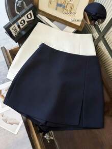 Pantalones cortos/falda/culotte/shorts de mujer de tela suave y texturizada de cintura alta con abertura, de uso versátil y casual, para primavera/otoño - Azul marino - Ver 6