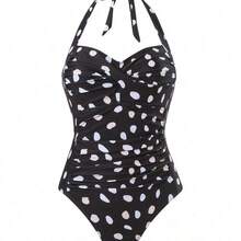 Asymmetrical Polka Dot Halter One Piece Swimsuit & Maxi Skirt Set For Women - Marrón - Ver 5