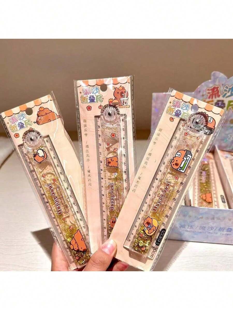 1pc Capybara Liquid Sand Folding Ruler, Cute Capybara Themed High-Quality Ruler, Student Exam Stationery, Color Not Specified - Quicksand Folding Ruler - Random Color - View 1