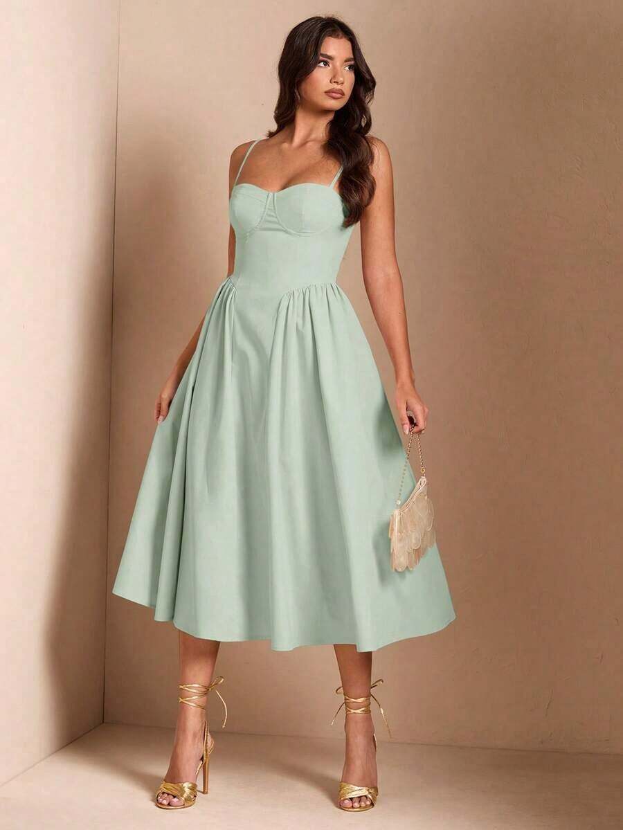 Elegante vestido largo sin mangas con manga abultada para mujer, adecuado para citas diarias, salidas, discotecas, fiestas, temporada de otoño - verde menta - Ver 1