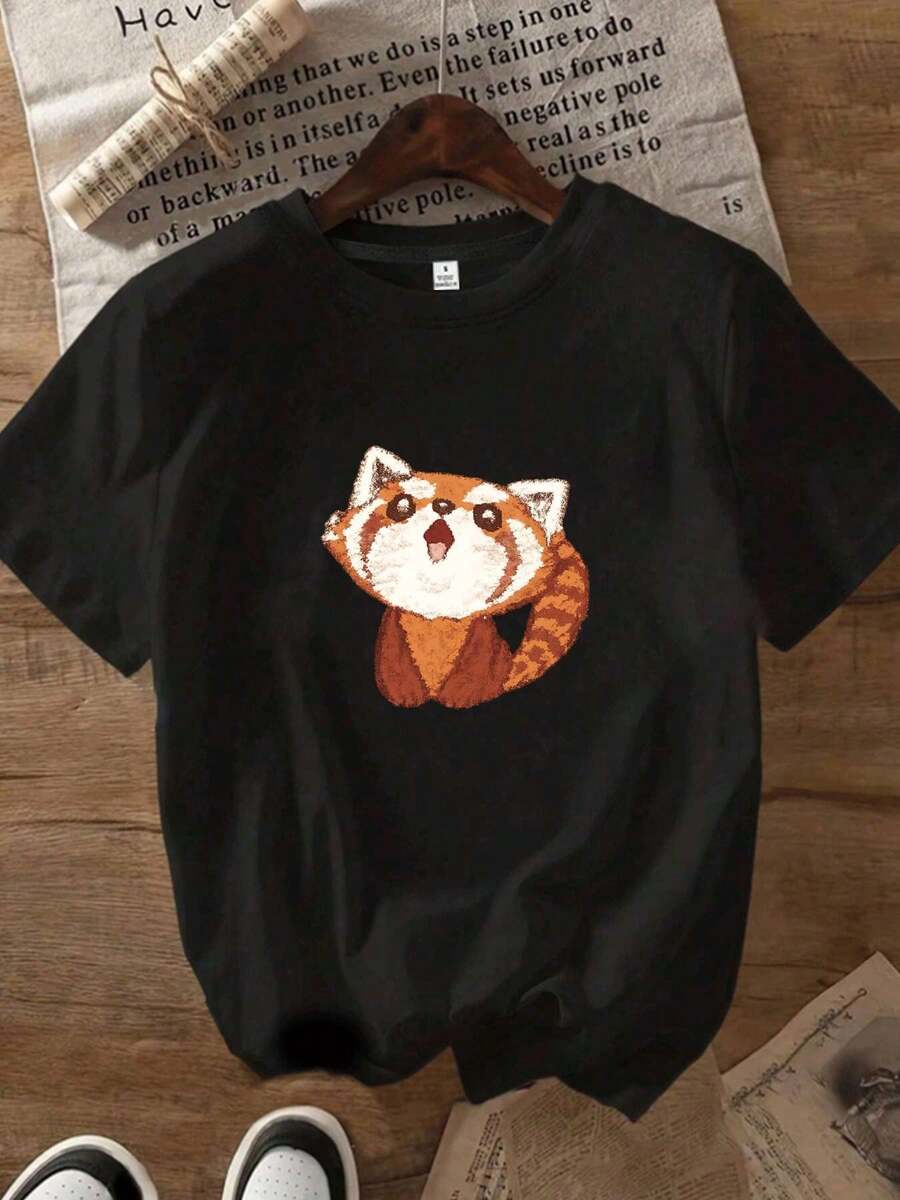 Women's T-Shirt, 26 Styles, 0108, Red Panda, Round Neck, Short Sleeve, Fashion Print, Half Sleeve Top, Elastic T-Shirt - 黑色 - 查看 1