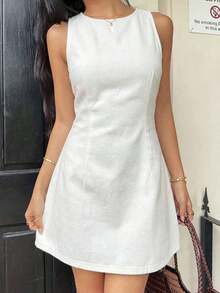 Vestido mini ajustado sin mangas de mezclilla azul para mujer - Blanco - Ver 4