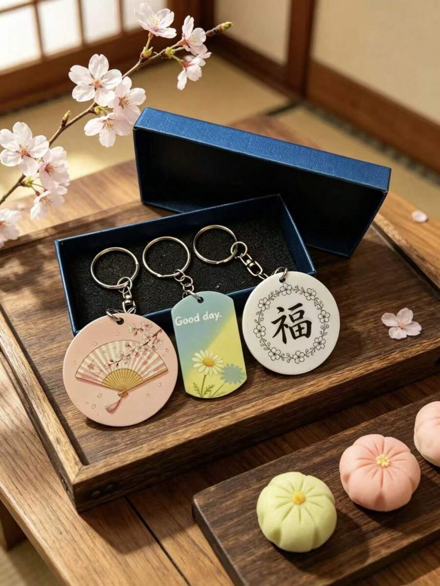 日式吉祥字雏菊钥匙扣,学生背包挂件,蓝色礼盒小礼物 - 禮盒套裝 - 查看 1