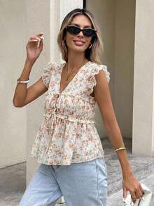 Blusa de verano casual de mujer con estampado floral retro, lazo delantero y volante en el bajo - Naranja - Ver 4