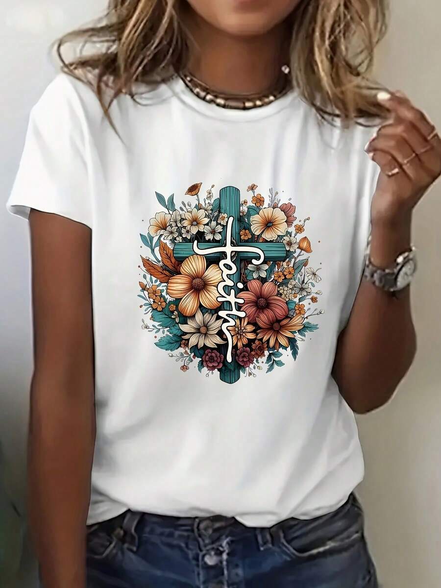 Women's Short-Sleeved Cotton T-Shirt, Elegant Cross-Letter Floral Print T-Shirt, Comfortable, Fashionable, Casual, Short-Sleeved, Round Neck, For Everyday Wear. - 白色 - 查看 1