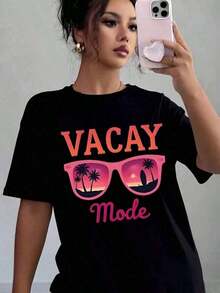 1 Piece Of Women's Casual T-Shirt With Palm Tree And Sunset Print, Vacay Mode Sunglasses Style, Soft And Comfortable, Ideal Gift For Summer Beach Vacation, 180g, 100% Cotton. - 黑色 - 查看 9