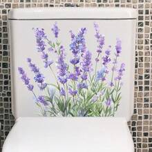 1pc Watercolor Lavender Toilet Sticker, Fresh Purple Flower Green Leaf Bathroom Decor - Multicolor - View 4